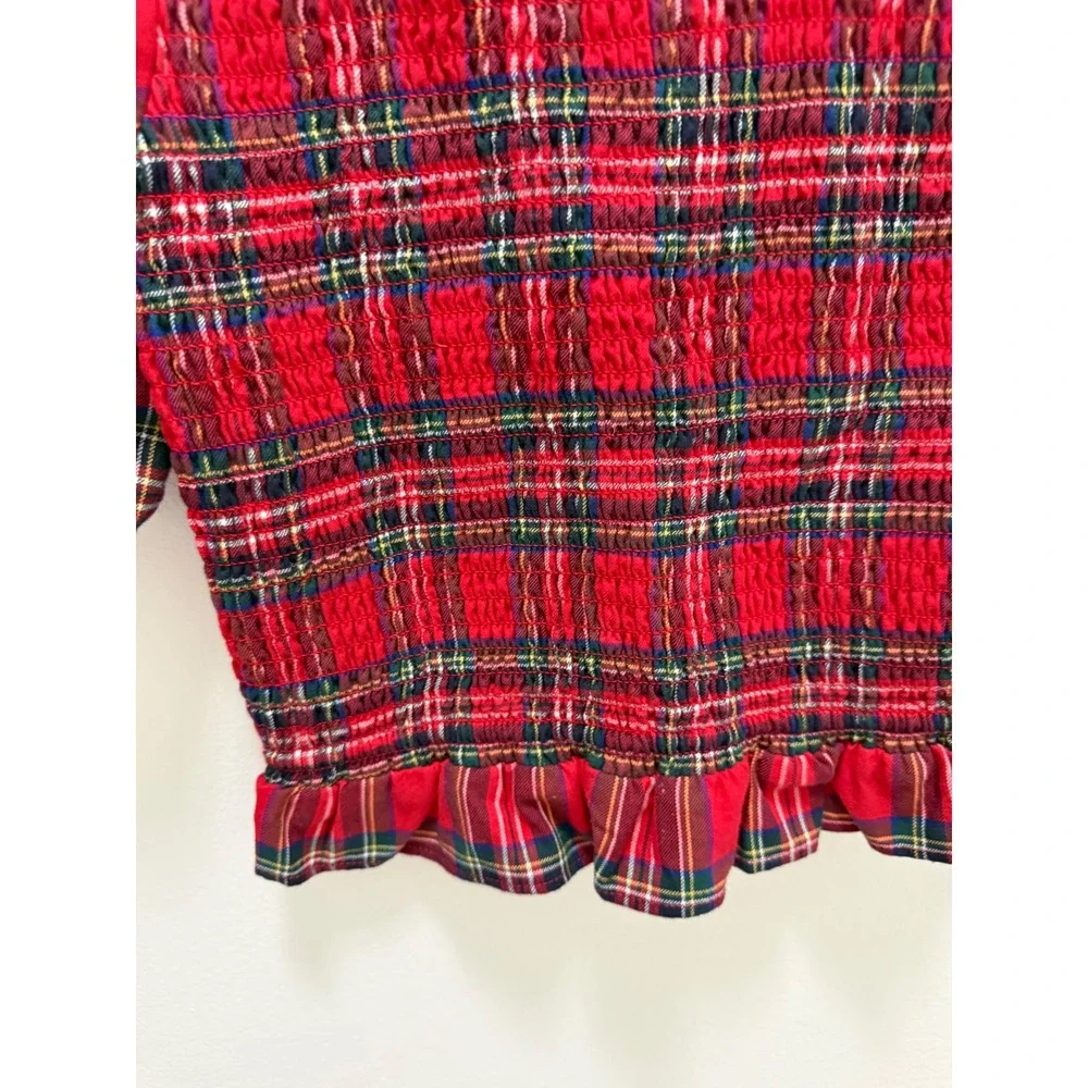 Janie and Jack Girls Red Plaid Tartan Smocked Top Puff Sleeve Holiday Size 8